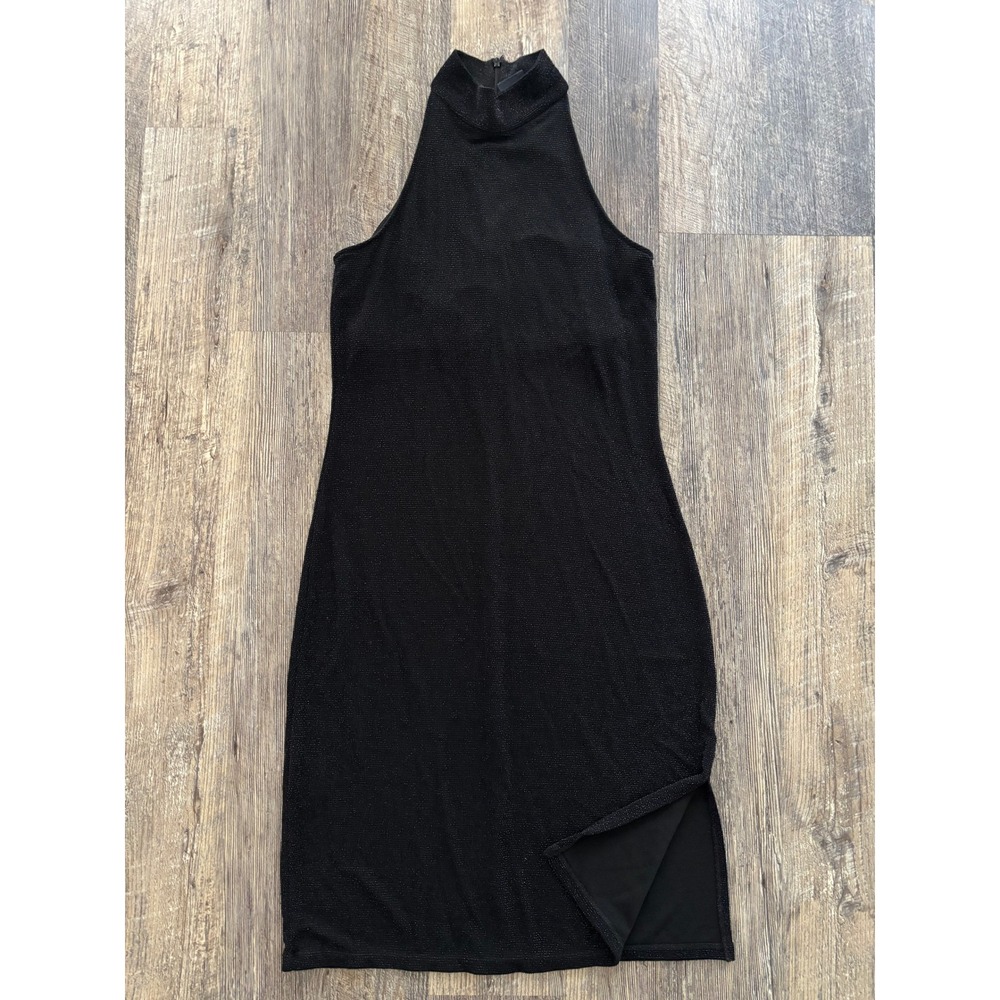 Ralph Lauren‎ Black Shimmer Halter Mock Neck Bodycon Dress Side Slit Womens M